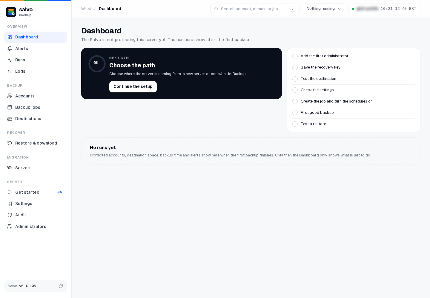 Dashboard while the setup is pending