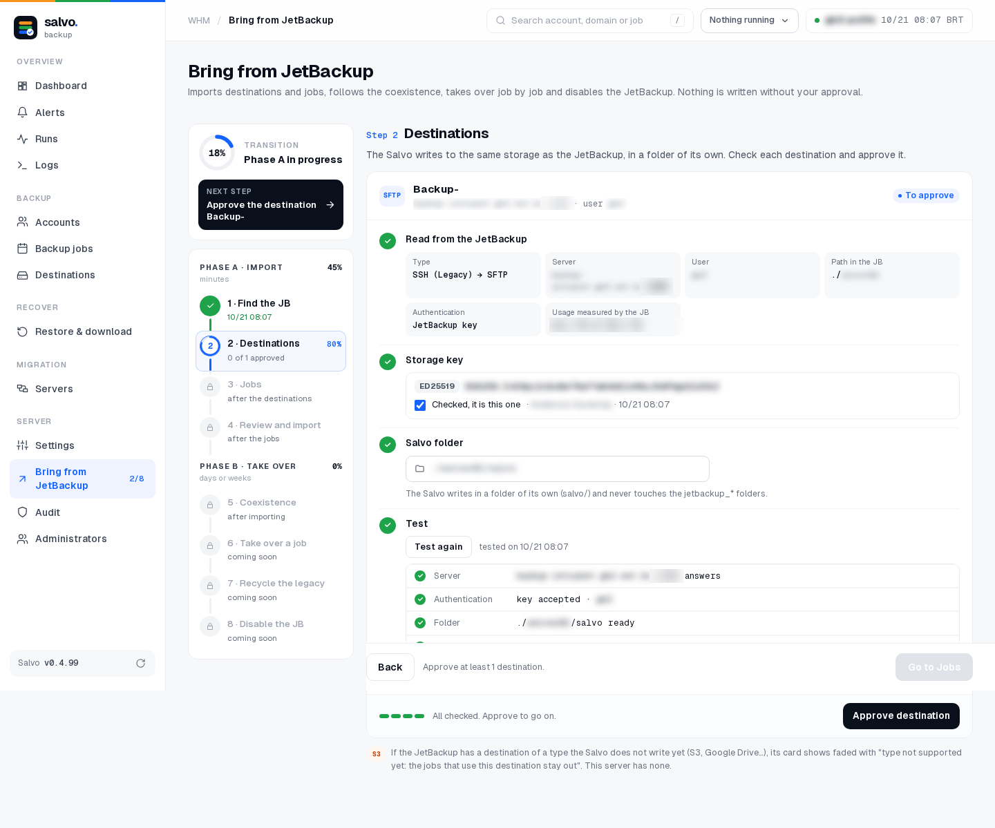 Step 2: key, folder and test of the destination