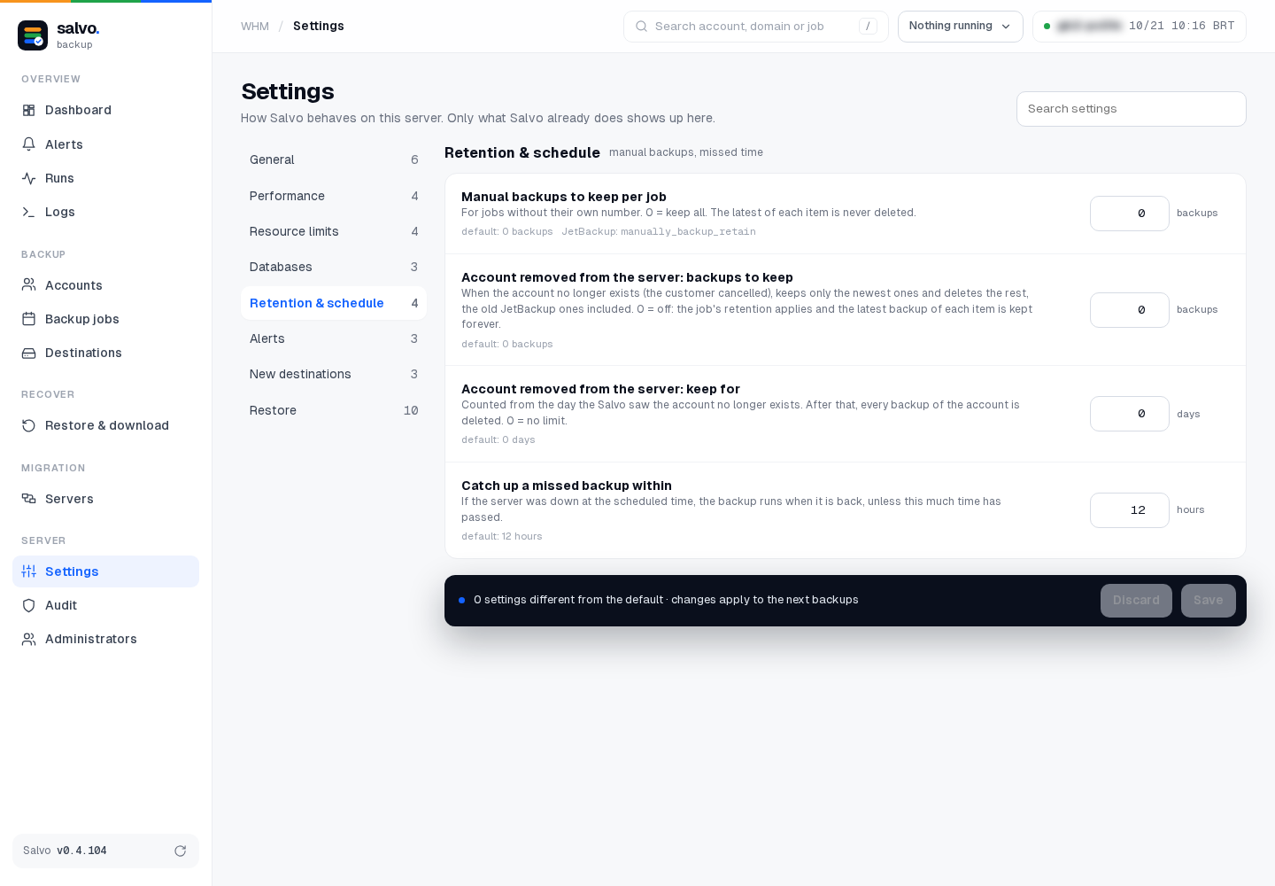 Settings › Retention & schedule