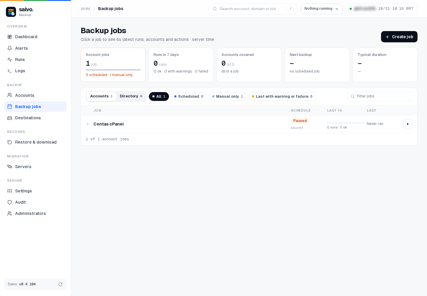Backup jobs: the ▶ button runs the job now