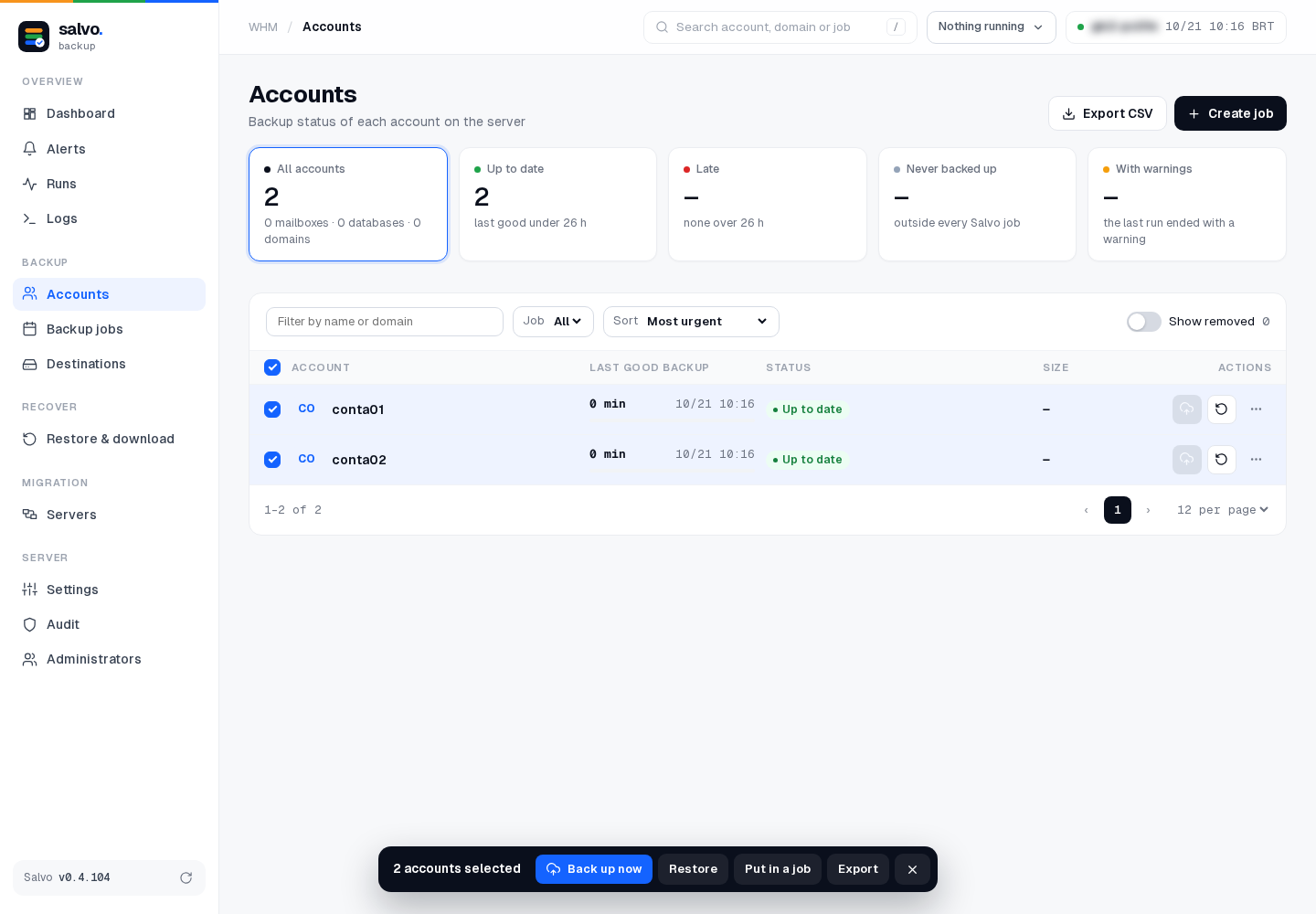 Accounts: two accounts checked and Back up now in the bottom bar