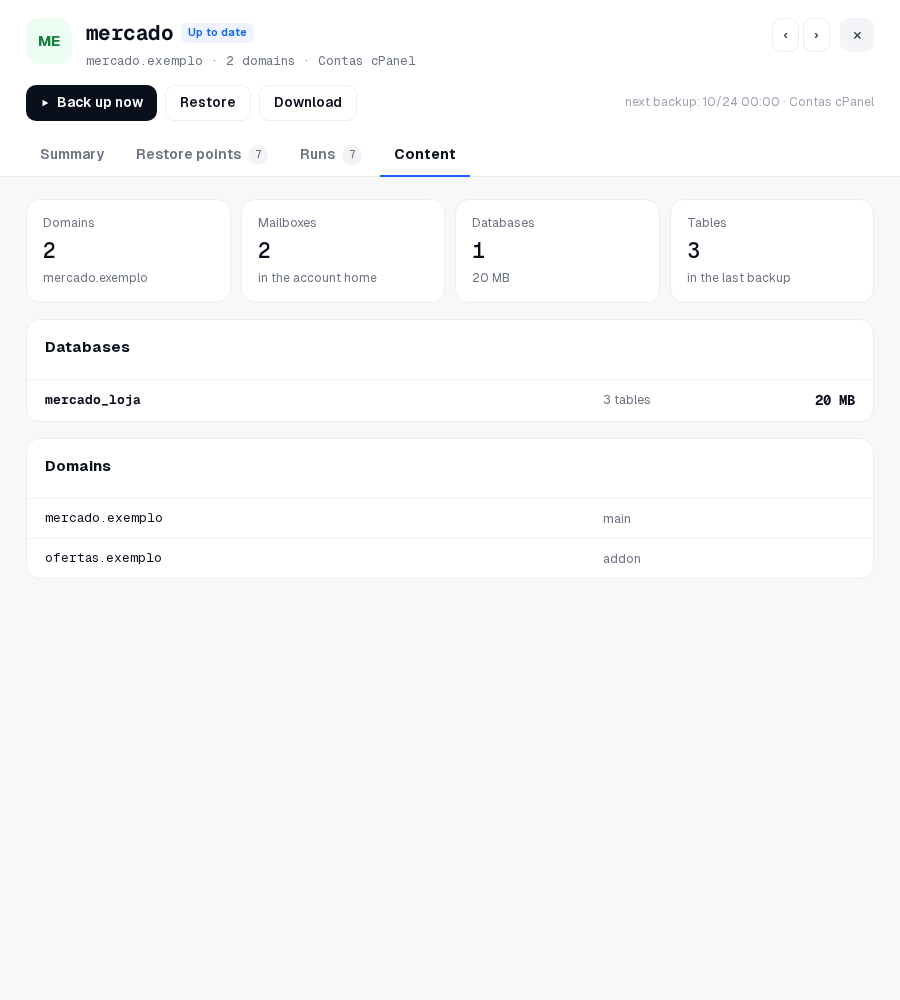 Content: domains, mailboxes and databases
