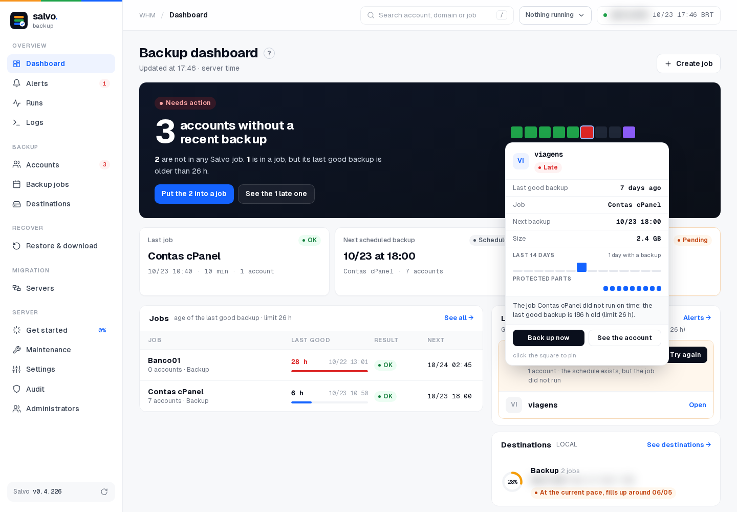 Dashboard: the details of a late account, opened by hovering its square