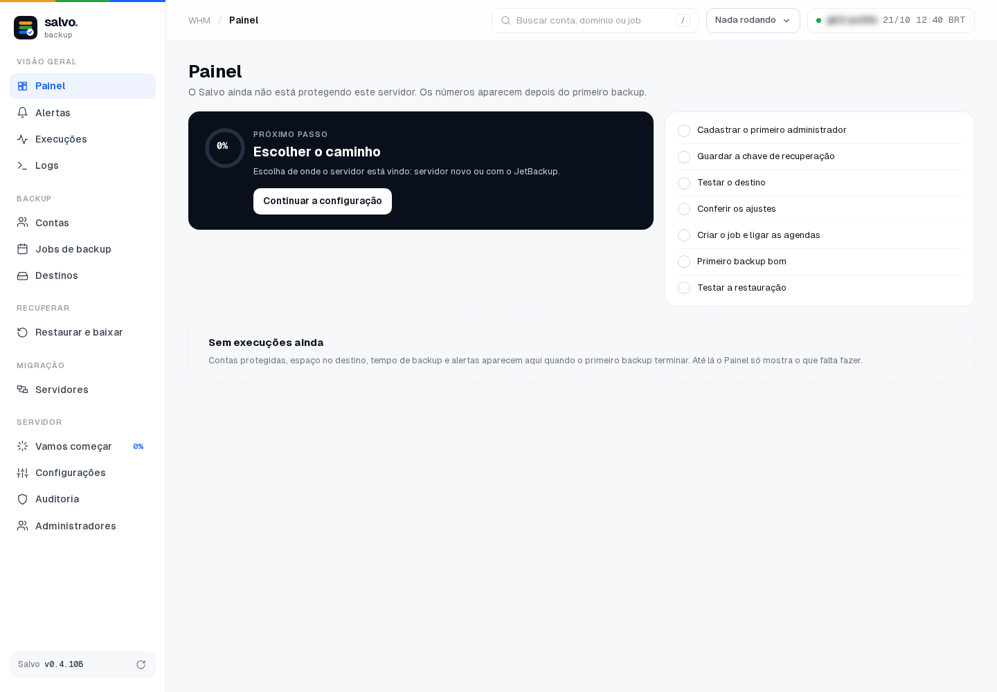 Painel com a configuração pendente