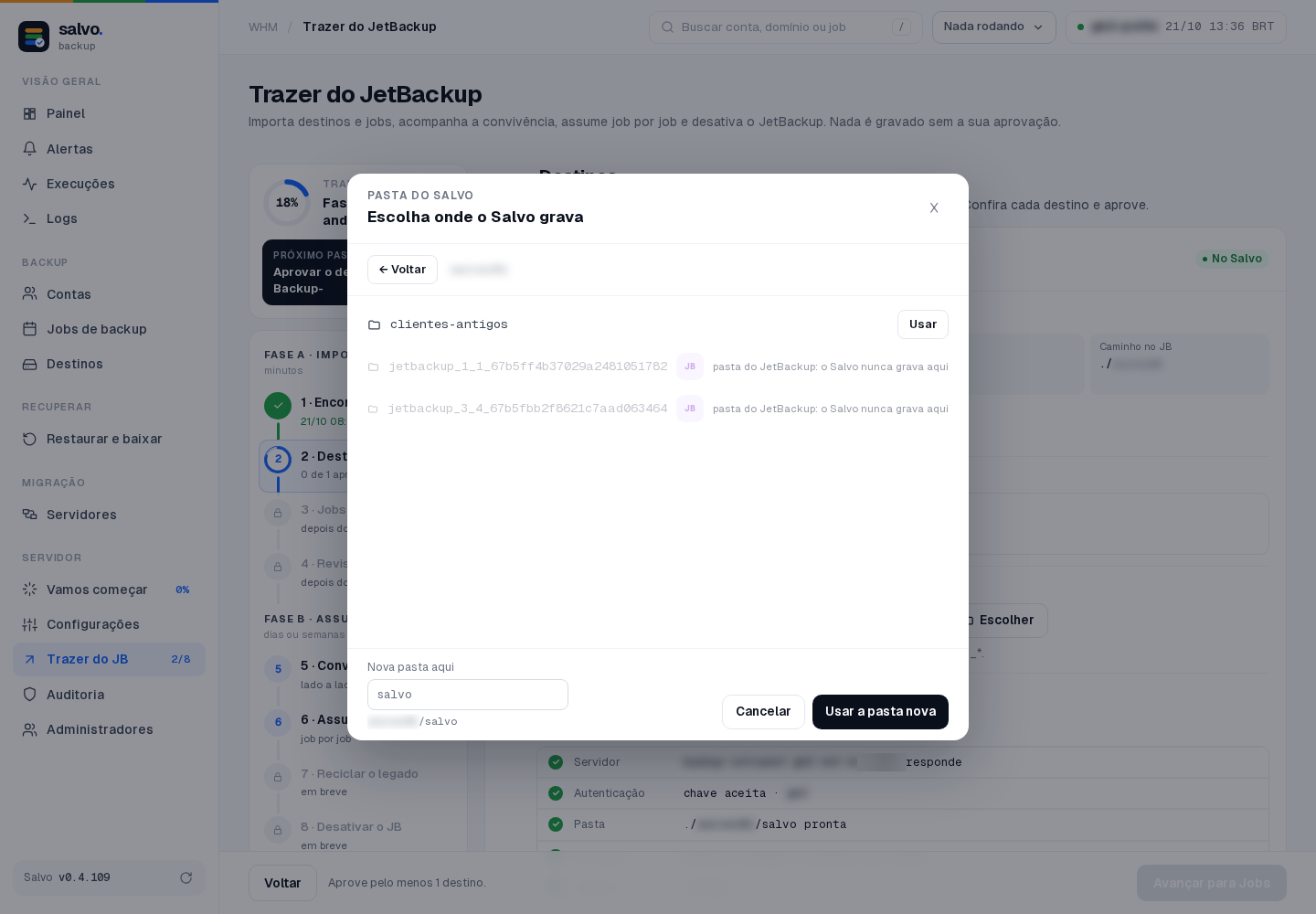 Passo 2: Escolher navega pelo storage; as pastas jetbackup_* ficam bloqueadas