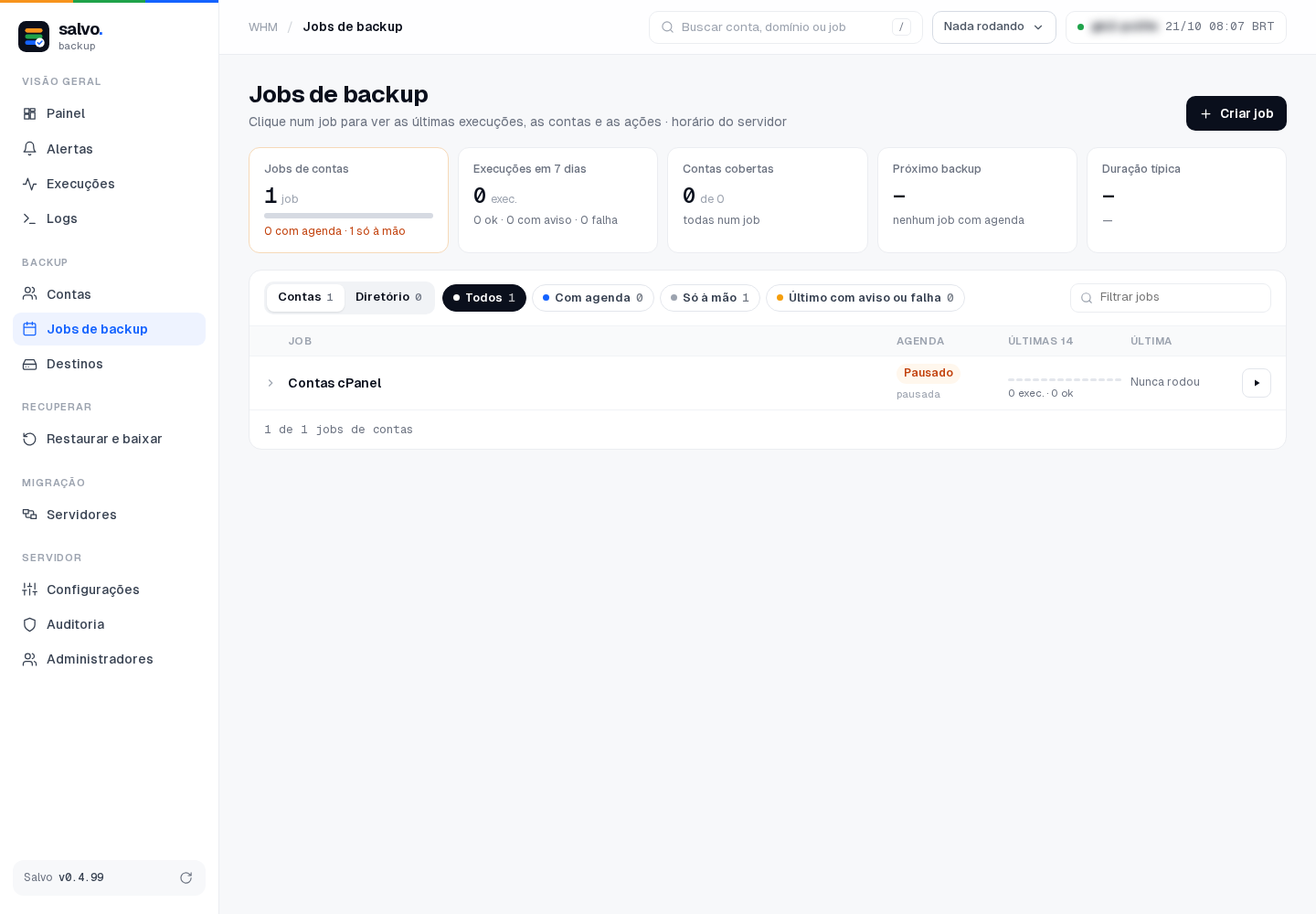 Jobs de backup: o job importado está pausado