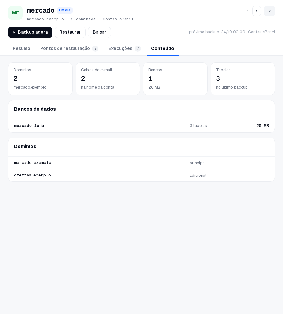 Conteúdo: domínios, caixas de e-mail e bancos